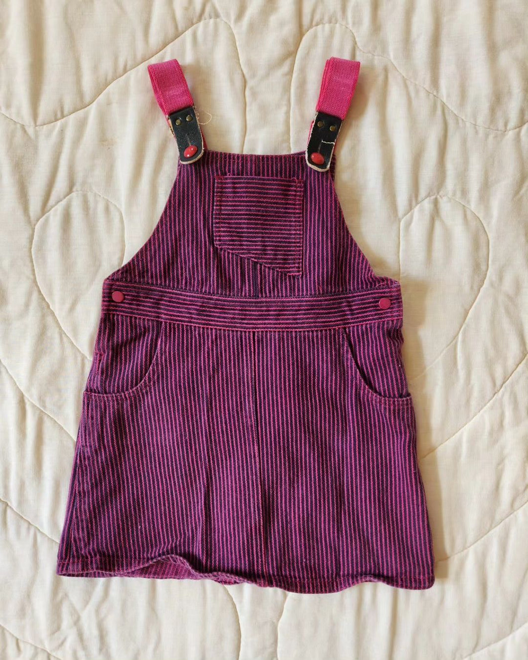 Bentex Pink Vertial Striped Denim Suspender Strap Skirtall 3/4t